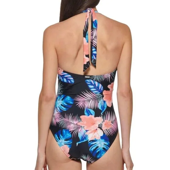 DKNY Womens Size S Island Tropical Print Shirred‎ Waist Halter Swimsuit NWT - Picture 3 of 7
